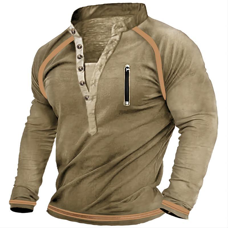 Felpa tattica con scollo a V – Pullover in cotone di qualità militare con patta con bottoni e tasca sul petto con cerniera (cuciture rinforzate, strato di base per il freddo)_voghion.com