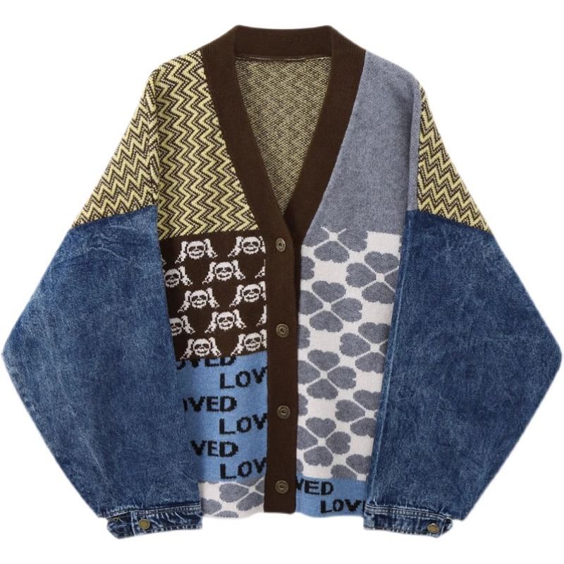 ​​Jeanspulloverjacke im koreanischen Stil – Übergroßer V-Ausschnitt und Jacquard-Details (Einheitsgröße S–L)​​_voghion.com