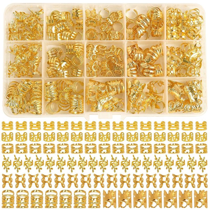 210-Piece Fashion Metal Open Dreadlock Hair Rings, African Braid Clips With Leaf Design Set_voghion.com