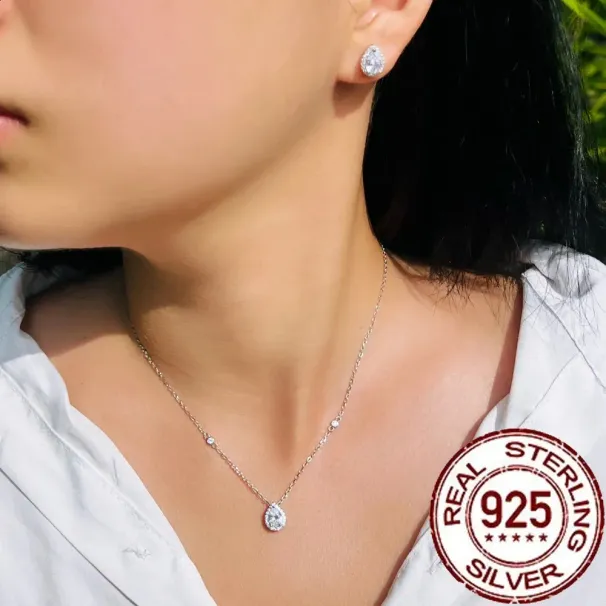 CWWZircons - Orecchini a bottone in argento sterling puro con taglio a pera e zirconi cubici, set di collane con ciondolo per donna, accessori di gioielleria raffinata, regalo_voghion.com
