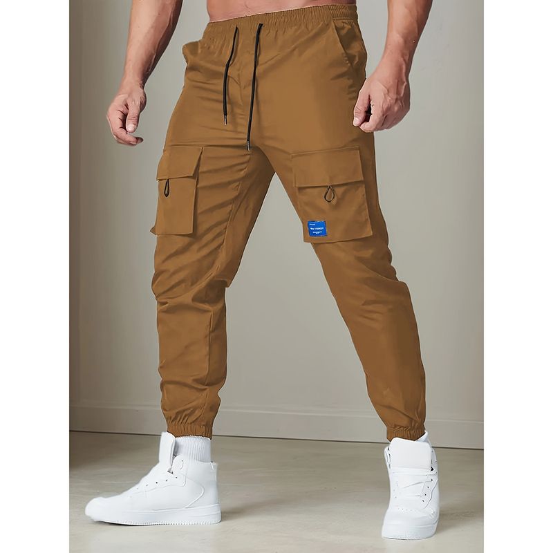 Pantalon cargo de jogging pour homme – Pantalon de travail décontracté et élégant avec poignets élastiques, tissu polyester confortable, noir/gris foncé/marron (S-XXL)_voghion.com