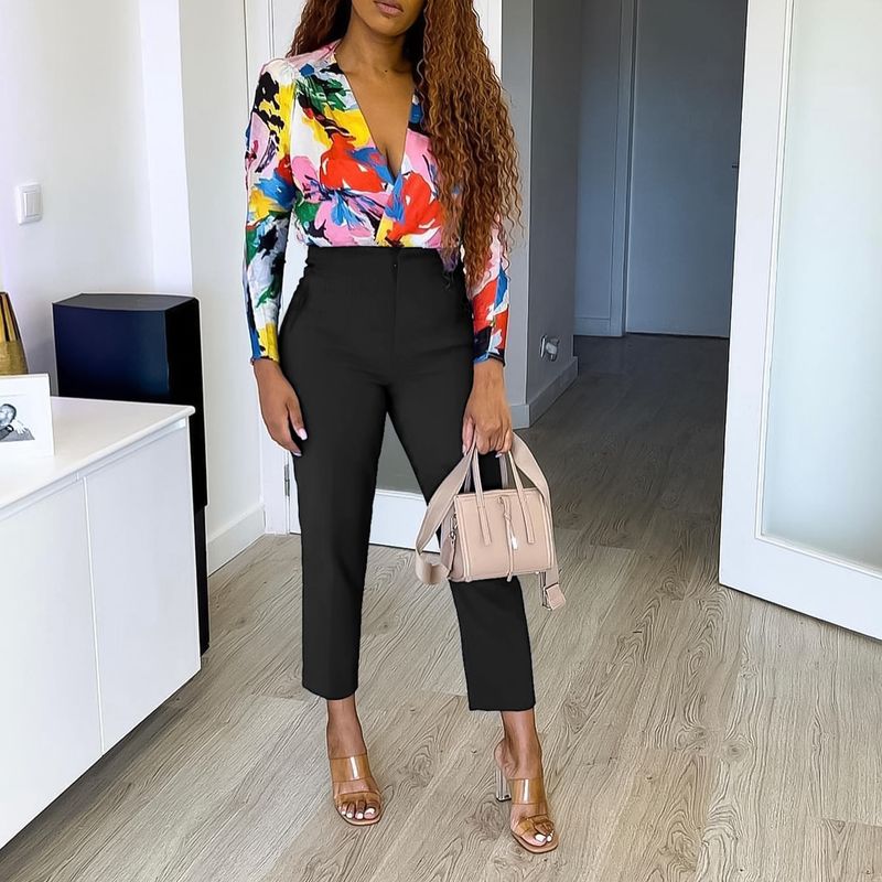 Women's clothing plus size fashion temperament casual slim high waist trousers solid color pants_voghion.com
