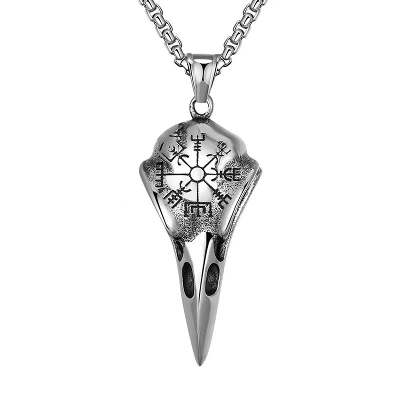 Retro Old Style Krähenschädel Halskette Wikinger Edelstahl Biker Anhänger für Männer Einzigartiges nordisches Amulett Schmuck Geschenk_voghion.com