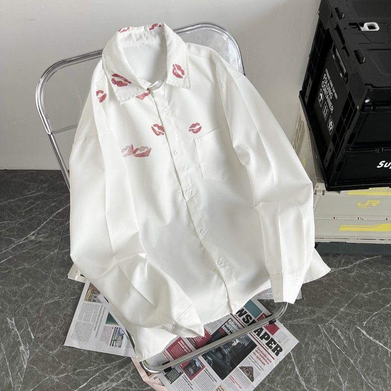 Herrkläder Läpptrycksskjorta Herr långärmad vår och höst Märke Lös jacka Design Sense Printing Par män och kvinnor Fritidsskjorta_voghion.com