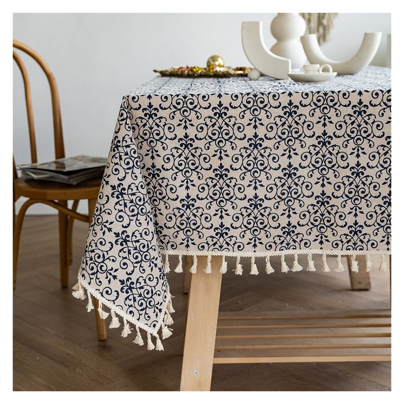 Retro Printed Blue Tablecloth Rectangular With Tassel Table Cloths Dining Table Cover For Wedding Party Restaurant Table Decoration_voghion.com
