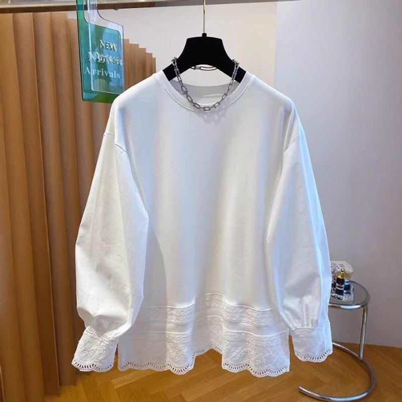 Weißer Kapuzenpullover mit Patchwork-Blasenärmeln aus Spitze für Damen im Frühjahr 2025, mit lockerem Rundhalsausschnitt und T-Shirt-Oberteil_voghion.com