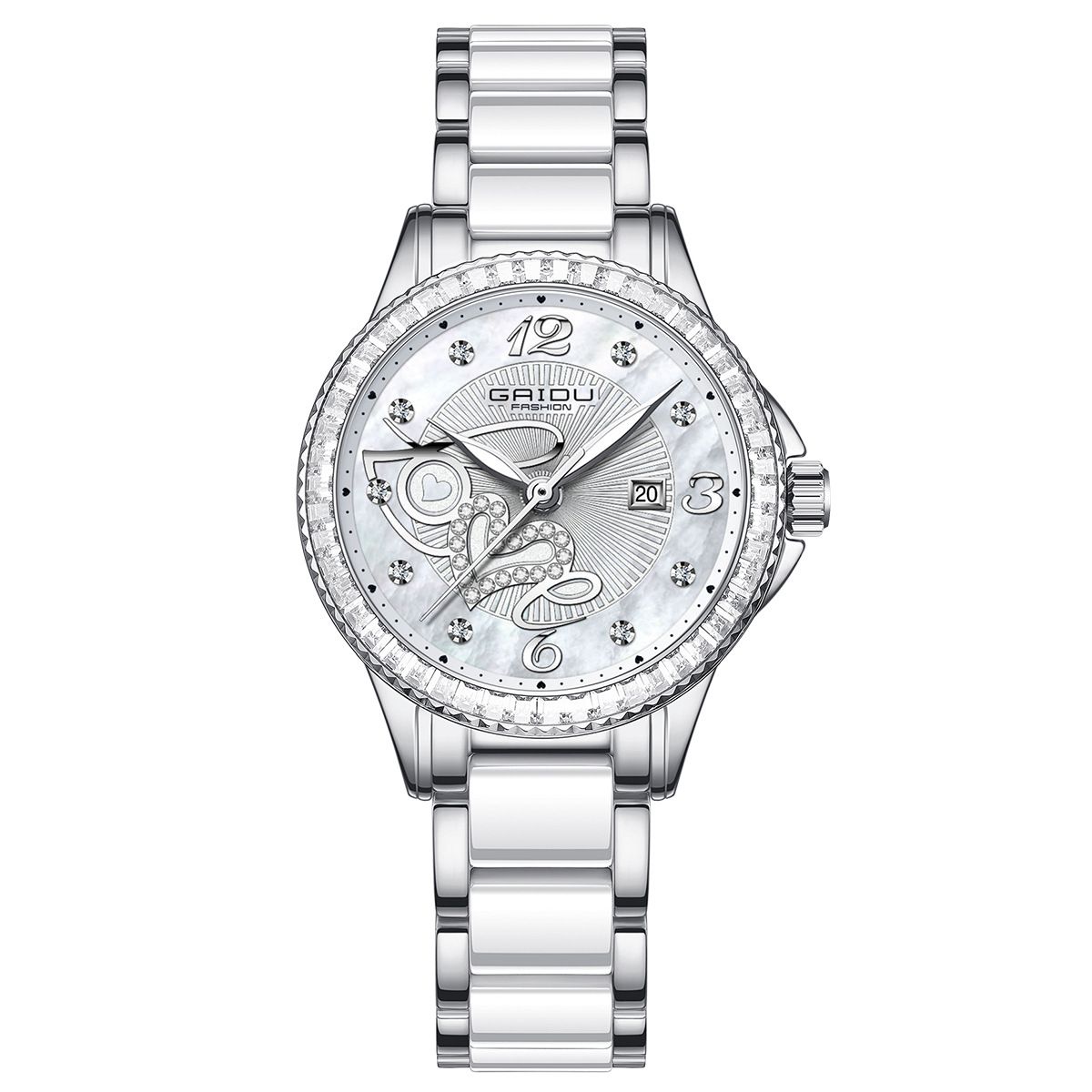 Orologio da donna elegante, impermeabile, con diamanti, cinturino in acciaio inossidabile effetto ceramica, quadrante rotondo minimalista, datario, resistenza all'acqua fino a 30 m_voghion.com