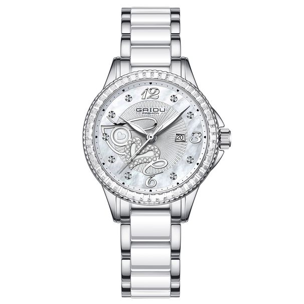 Orologio da donna elegante, impermeabile, con diamanti, cinturino in acciaio inossidabile effetto ceramica, quadrante rotondo minimalista, datario, resistenza all'acqua fino a 30 m_voghion.com