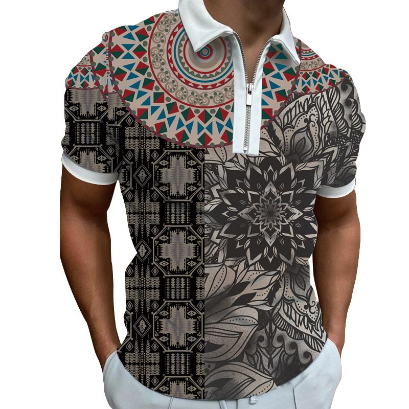 Man's clothing Men's 3D printed casual polyester floral short sleeve T-shirt zipper polo shirt_voghion.com