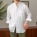 Commuting Light Cooked Casual Breathable Pure Linen Long Sleeved Versatile Vacation Stand Up Shirt For Men Henry Collar_voghion.com