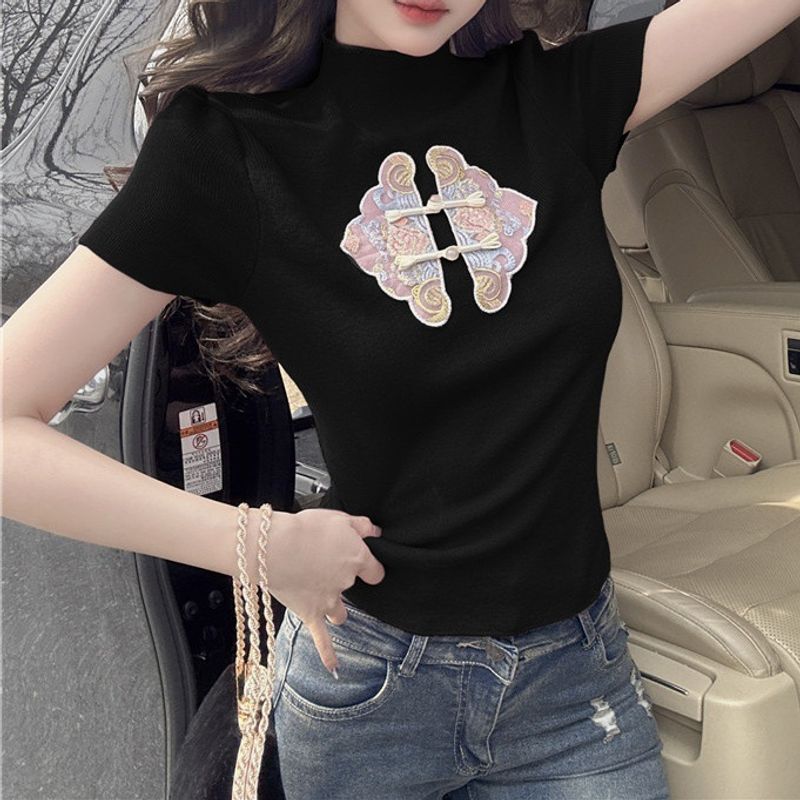 Nova camiseta bordada estilo chinês cheongsam de manga curta para mulheres verão puro desejo doce picante meia gola alta_voghion.com