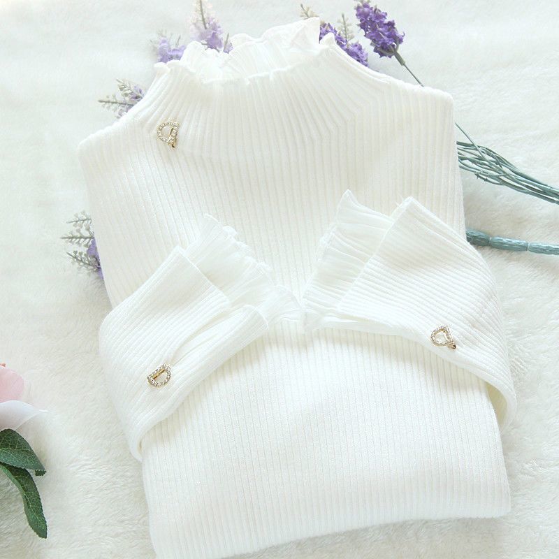 Pullover Damen Rollkragen Spitze Rüschen Pullover Damen Trompetenärmel Top Einfarbig Strickwaren Trendpullover Herbst_voghion.com