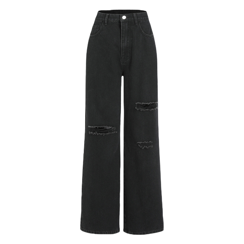 Damenbekleidung Jeans Schwarze zerrissene, verwaschene Straight Jeans_voghion.com