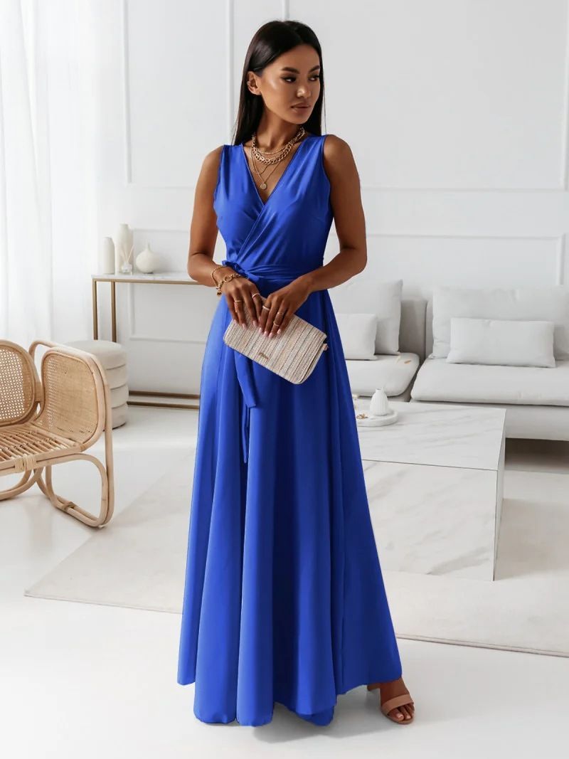 Women's Clothing Summer New Women's Clothing Solid Color V Neck Dress Long Dress_voghion.com