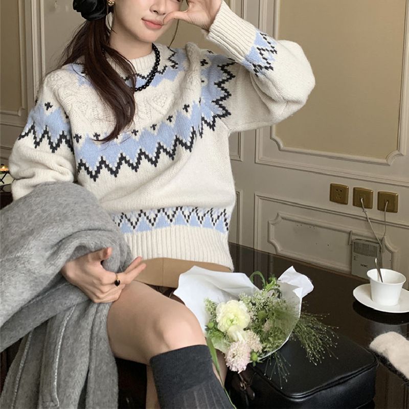 Vintage Jacquard Contrasting Color Long-sleeved Sweater Women's Soft Glutinous Atmosphere Design Sense Pullover Knitted Sweater_voghion.com
