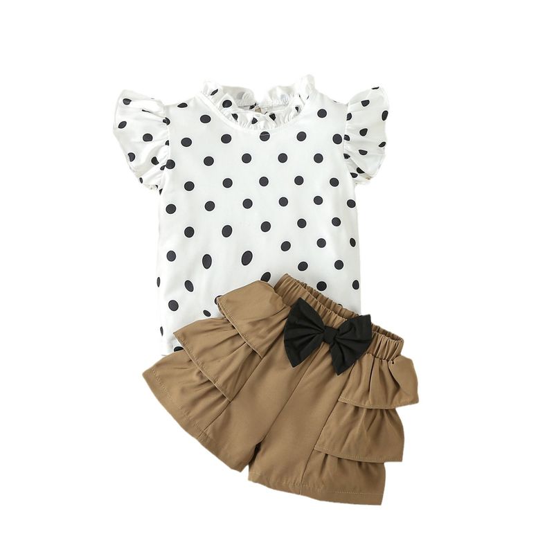 Baby Clothing Girls sweet polka dot flying sleeve T-shirt shorts set short sleeve shorts two sets_voghion.com