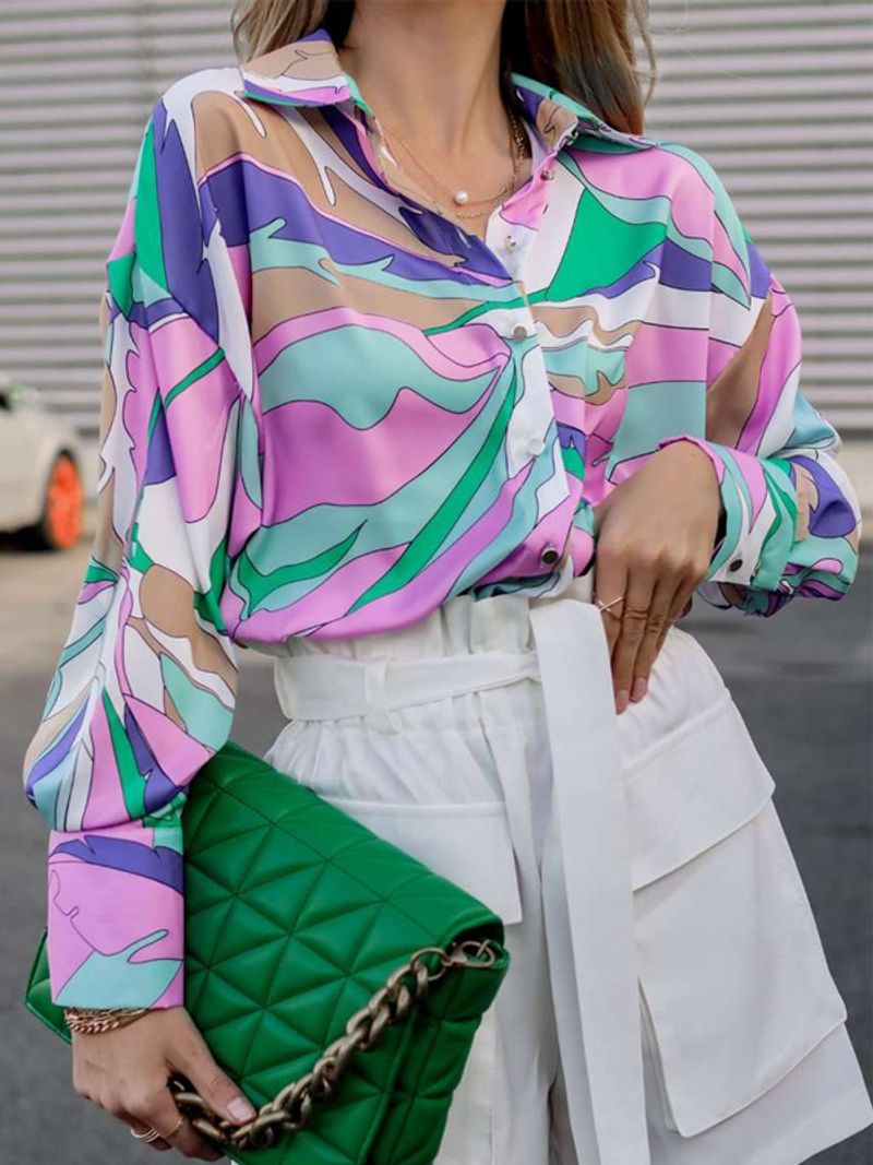 Women's Clothing  Shirt loose spring and autumn printed lantern long-sleeved shirt_voghion.com
