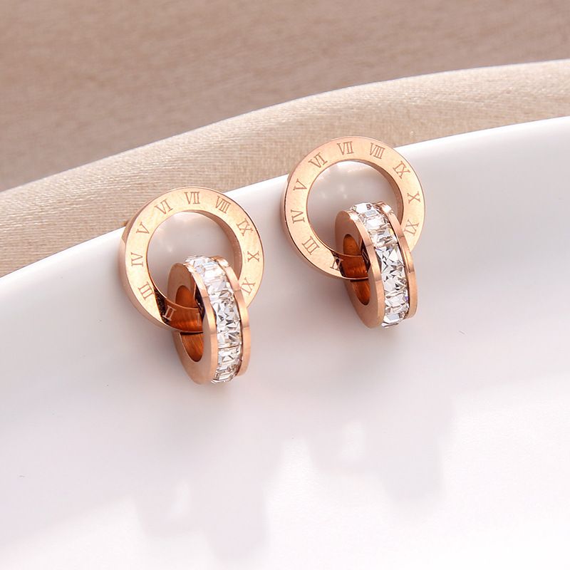 Oorbellen 1 stuk Titanium Staal Niet-vervagende Dubbele Ring Romeinse Cijfers Rood Wit Dia Met Dias_voghion.com