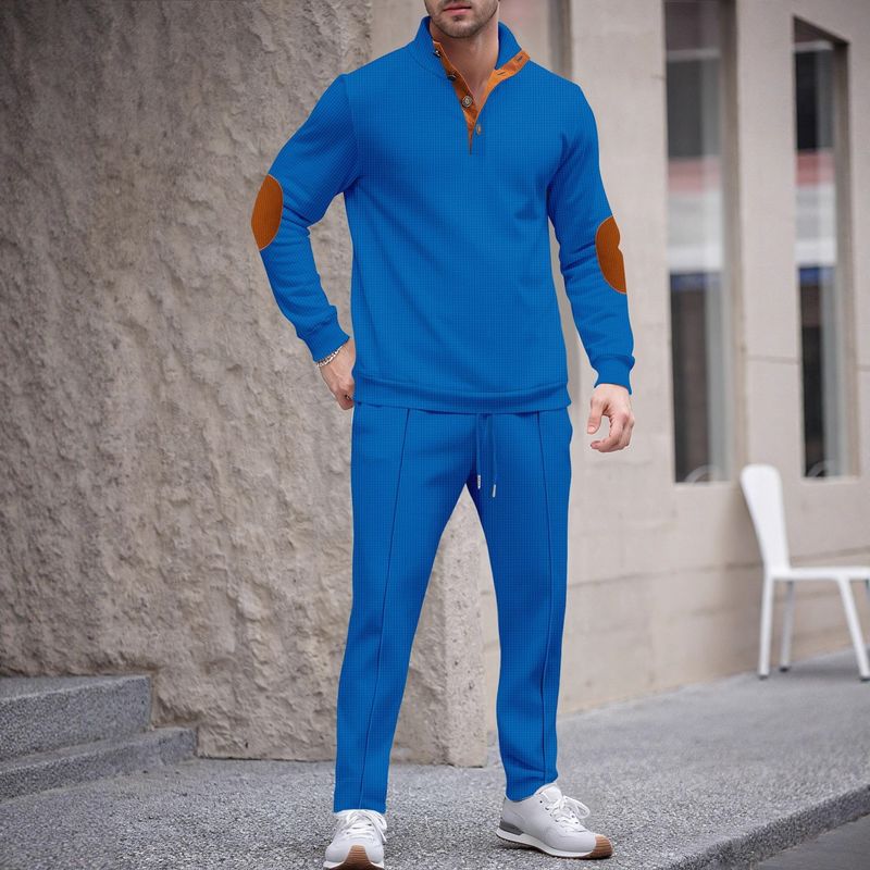 Men's Autumn New American Style Stand Up Collar Button Elbow Pads Color Matching Long Sleeved Sweatshirt Trousers Suit_voghion.com