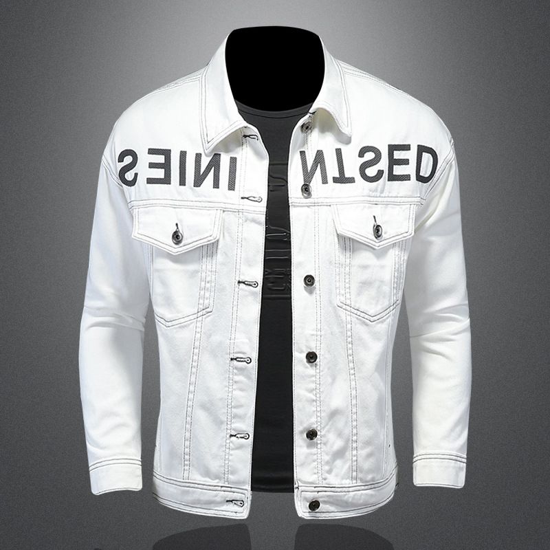 Vyriški drabužiai Paprasti baltai siuvinėti džinsiniai laisvalaikio striukė vyrams ir moterims_voghion.com