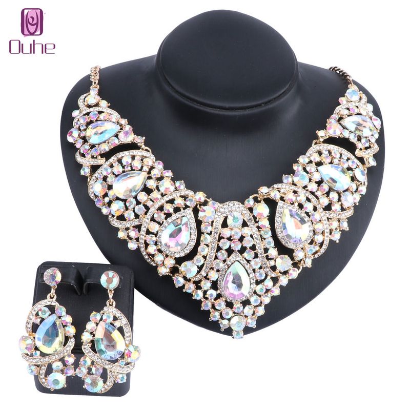 Fashion Rhinestone Crystal Teardrop Choker Prom Necklace Earring Wedding Party Gifts Costume Jewelry Set_voghion.com