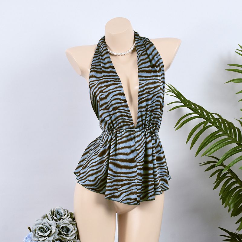 Rückenfreies Neckholder-Top zum Binden und Streifen für Damen – ärmellose Strickbluse für den Sommer für Freizeit und Büro, atmungsaktiv und stylisch (Blau, S/M/L)_voghion.com