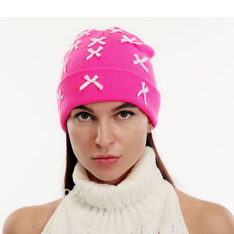 New Simple Curled Hat Bow Decoration Autumn And Winter Warm Diamond Knitted Wool Hat_voghion.com