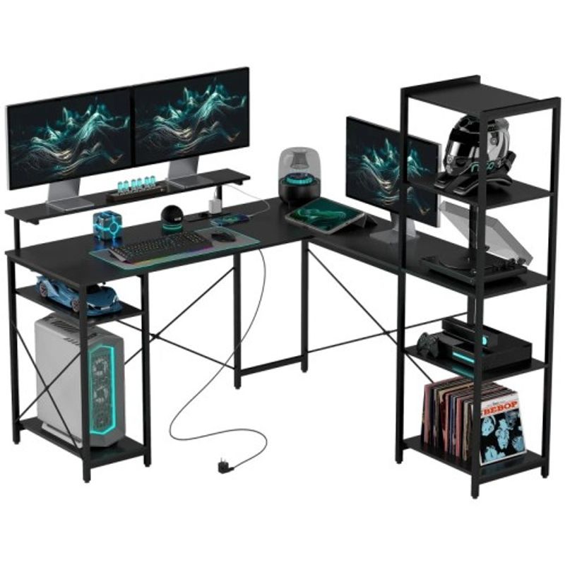 HOMCOM Schreibtisch, L-förmiger Computertisch 137 X 140 X 139,5 Cm Eckschreibtisch Mit 6 Ablagen, Bürotisch Mit Monitorständer, USB, Steckdose, Für Homeoffice, Büro, Schwarz_voghion.com