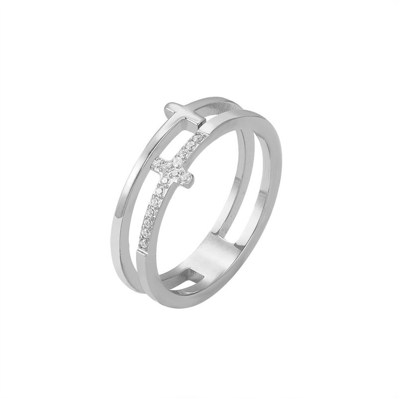 Ins double layer cross diamond ring titanium steel cold style light luxury temperament exquisite hand jewelry men and women fashion jewelry_voghion.com
