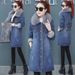 Abbigliamento donna Giacca invernale in denim e velluto, imbottita in cotone con ampio collo in pelliccia, giacca imbottita in cotone con cuciture in pelle di agnello, lunghezza media_voghion.com