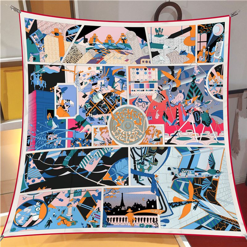 New Square Female Personality Cartoon Architectural Print Professional Dress Scarf Simulated Silk Scarf_voghion.com