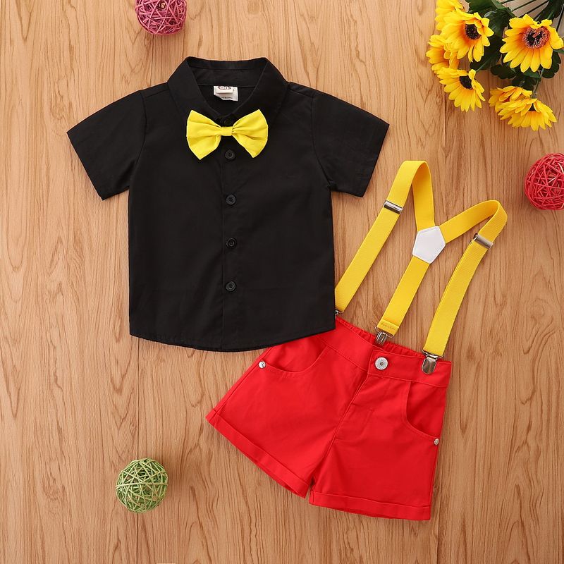Ensemble deux pièces pour mère et enfant, chemise à manches courtes et short à bretelles rouges pour garçon_voghion.com