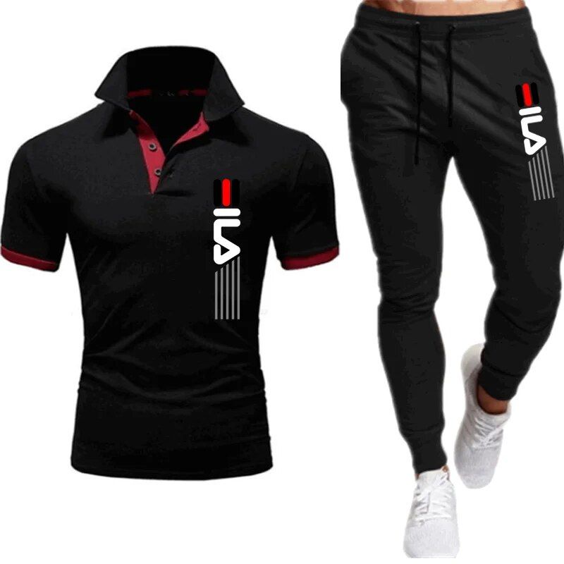 Pantalon de survêtement pour hommes, ensemble 2 pièces imprimé, jogging d'été, vêtements de sport, POLO à manches courtes + pantalon Long, décontracté, rue_voghion.com