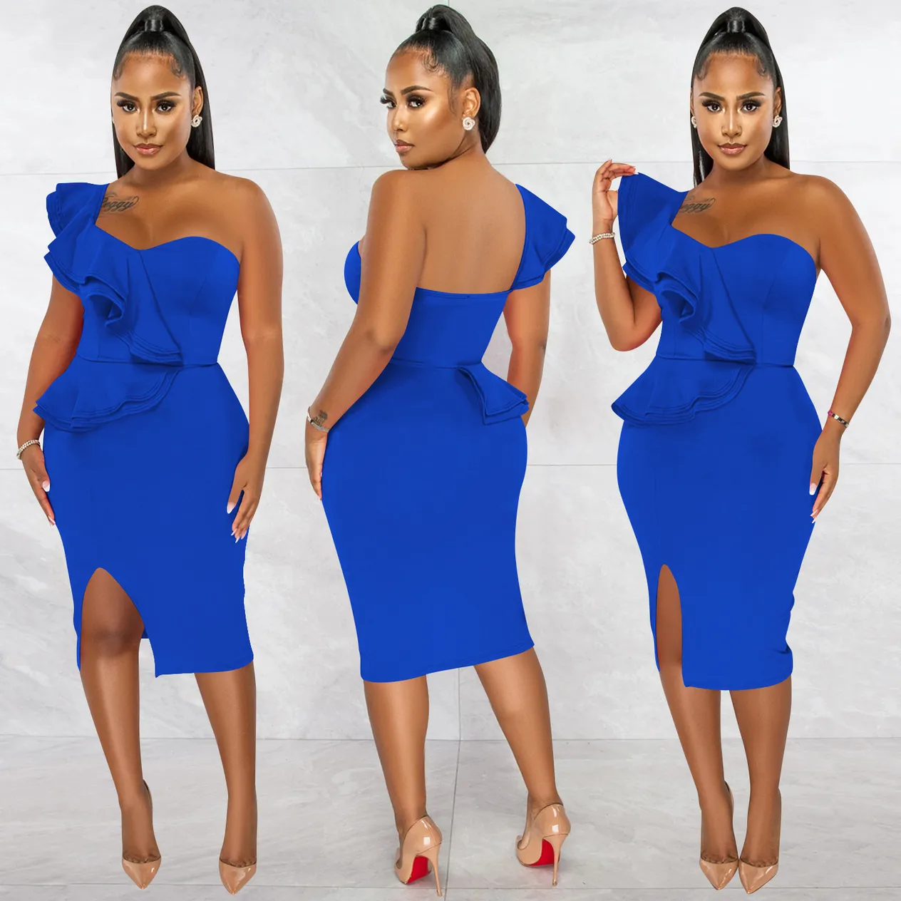 Women's Clothing fashion casual ruffled slit one shoulder sleeve dress women's clothing_voghion.com