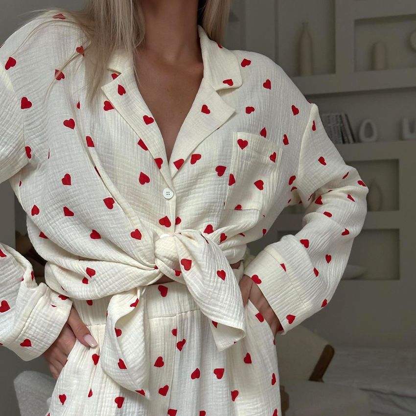 Zweiteiliges Pyjama-Set aus reiner Baumwolle mit Love-Print für Damen, lockere, langärmlige Hosen und Pyjamas_voghion.com