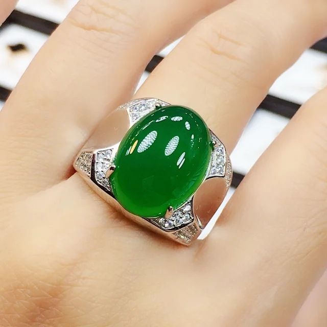 Anello regolabile in agata intarsiata placcata in argento, tipo ghiaccio, da uomo, in calcedonio e smeraldo, regalo per fidanzato_voghion.com