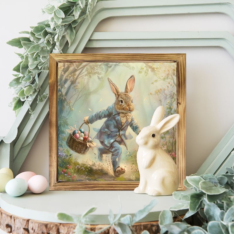 Placa de madeira rústica com coelho e ovos - 20x20 cm, decoração de parede estilo fazenda. Um charmoso toque de Páscoa para quarto, cozinha ou banheiro._voghion.com