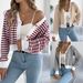 Women's Clothing Contrast Striped Lantern Striped Batwing Sleeve Cardigan Sweater - Short Length V-Neck Fall/Winter Knit Top (Khaki, Burgundy, Black)_voghion.com