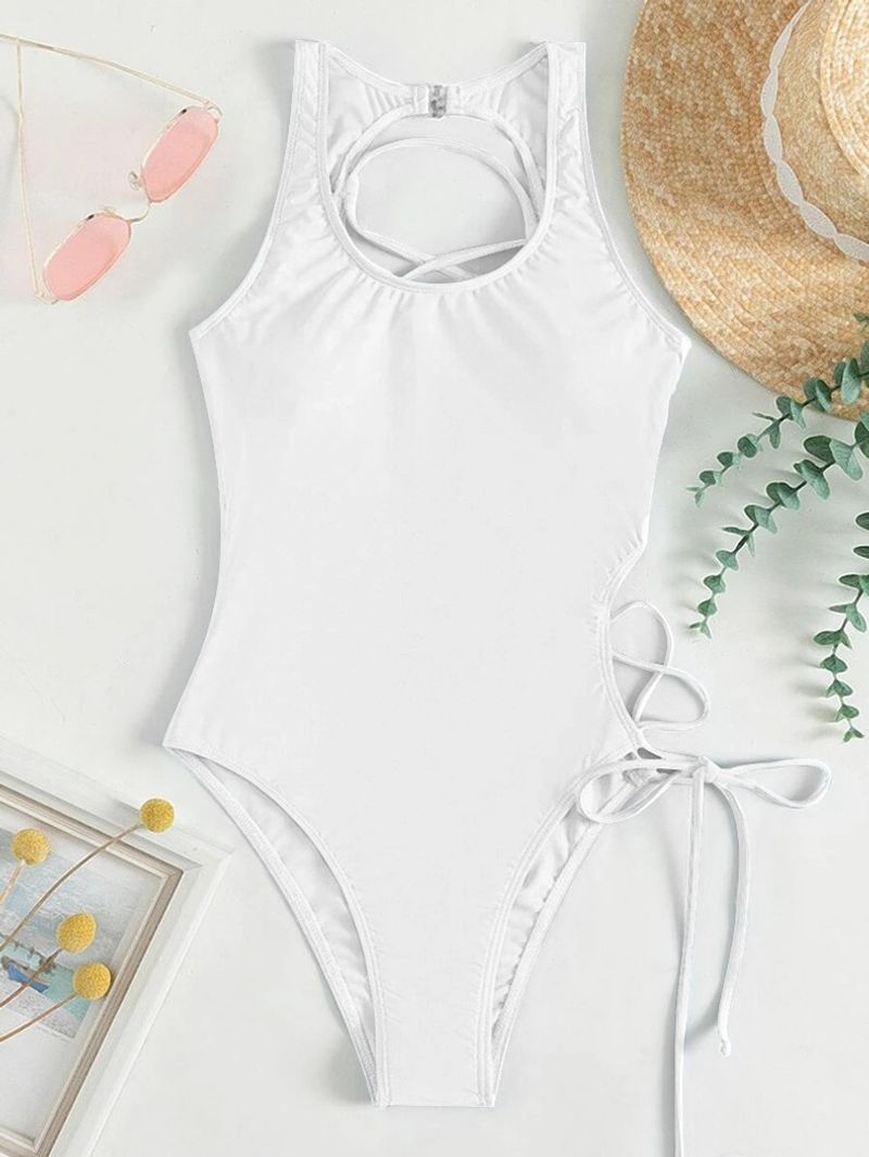 Women's Sexy Scoop Neck One-Piece Swimsuit Solid Color Triangle Tie Beach Bathing Suit​ Women's Clothing_voghion.com