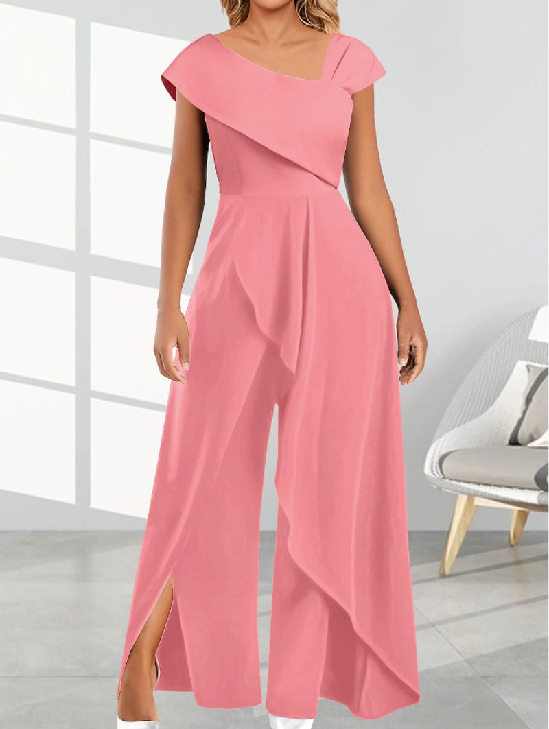  women's fashion simple temperament slope collar solid color jumpsuit_voghion.com