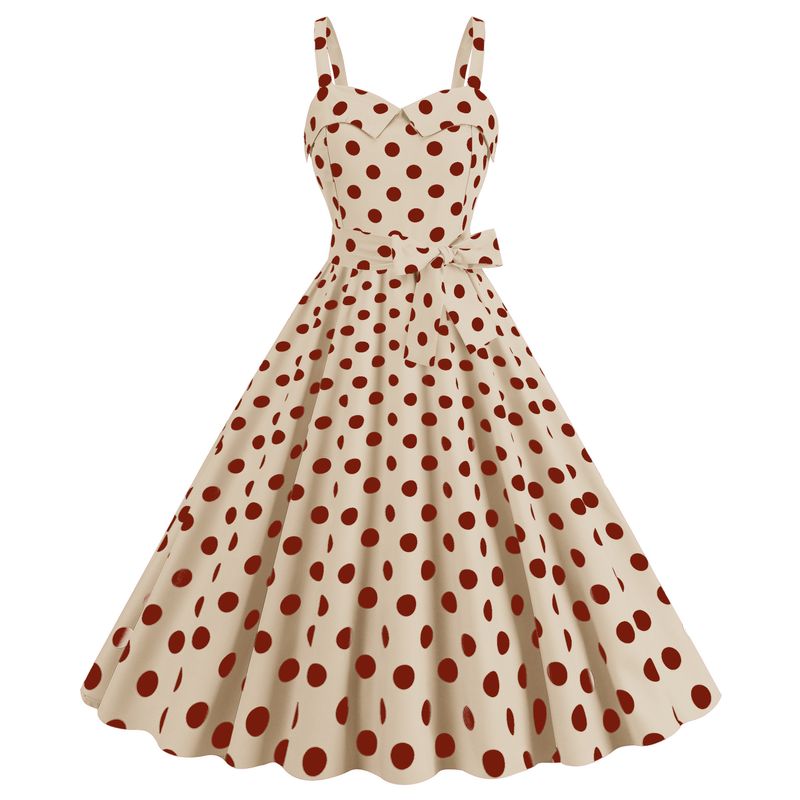 Bretelles pour femmes enveloppées dans une robe trapèze à volants imprimée à pois avec un grand swing._voghion.com