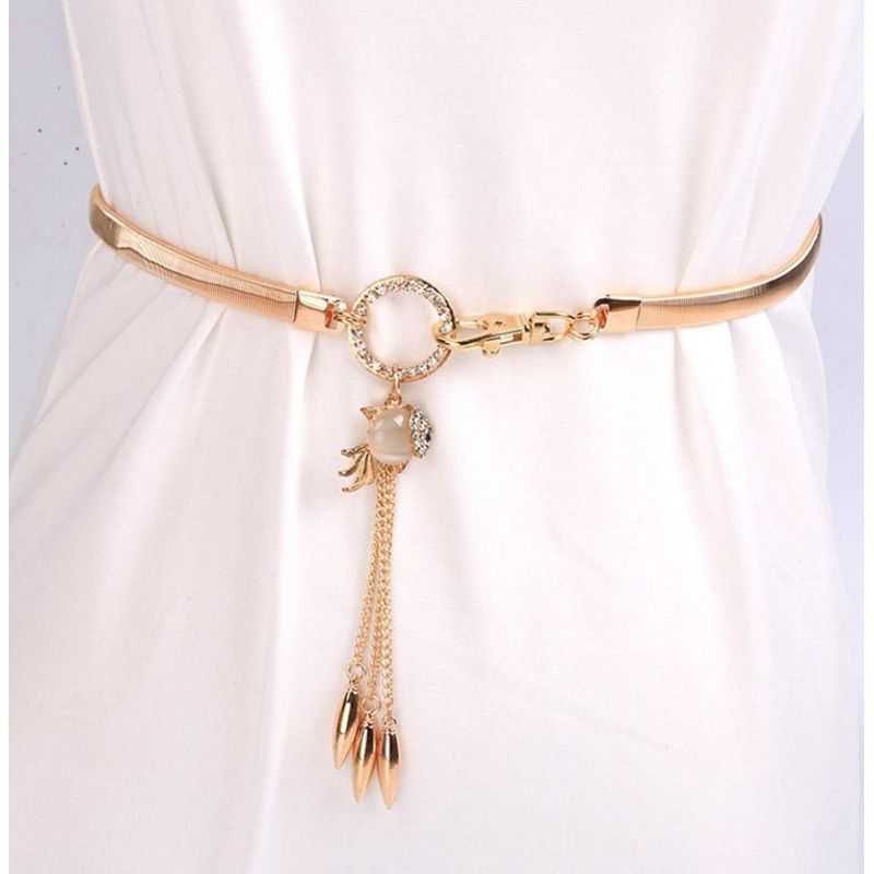 Diamond Waist Chain - Elastic Metal Belt With Fox Tassel (Adjustable, 18K Gold Plated)_voghion.com