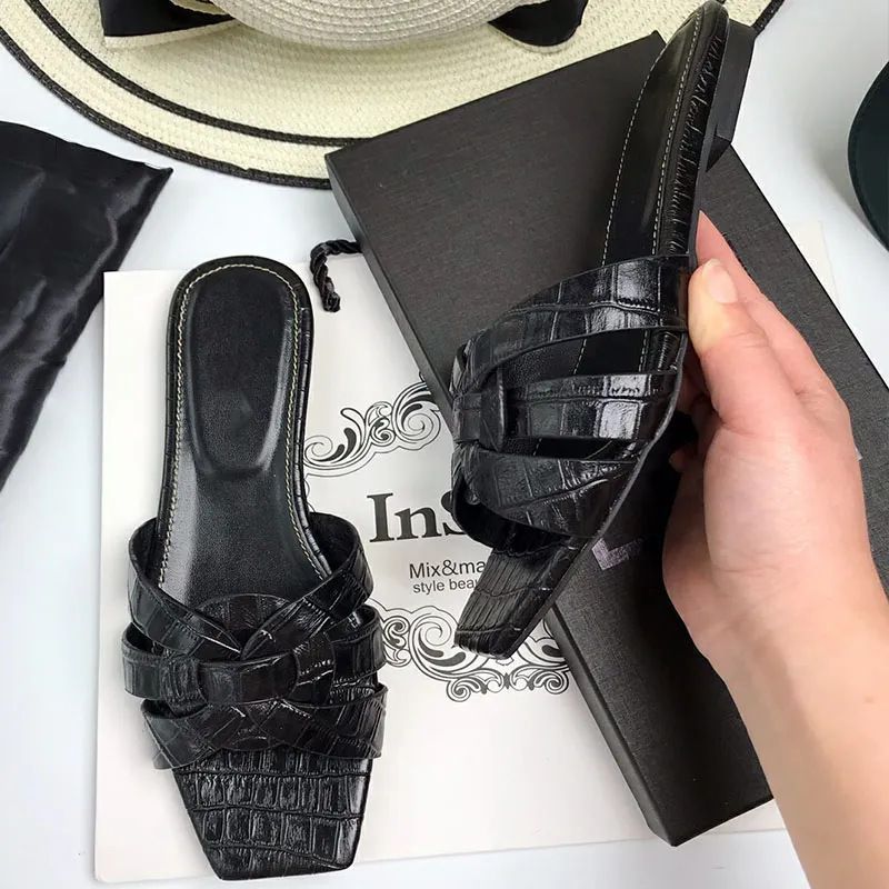 Slides Damen Hausschuhe L Top Layer Rindsleder Klassische Einwort Sandalen Hohe Qualität_voghion.com