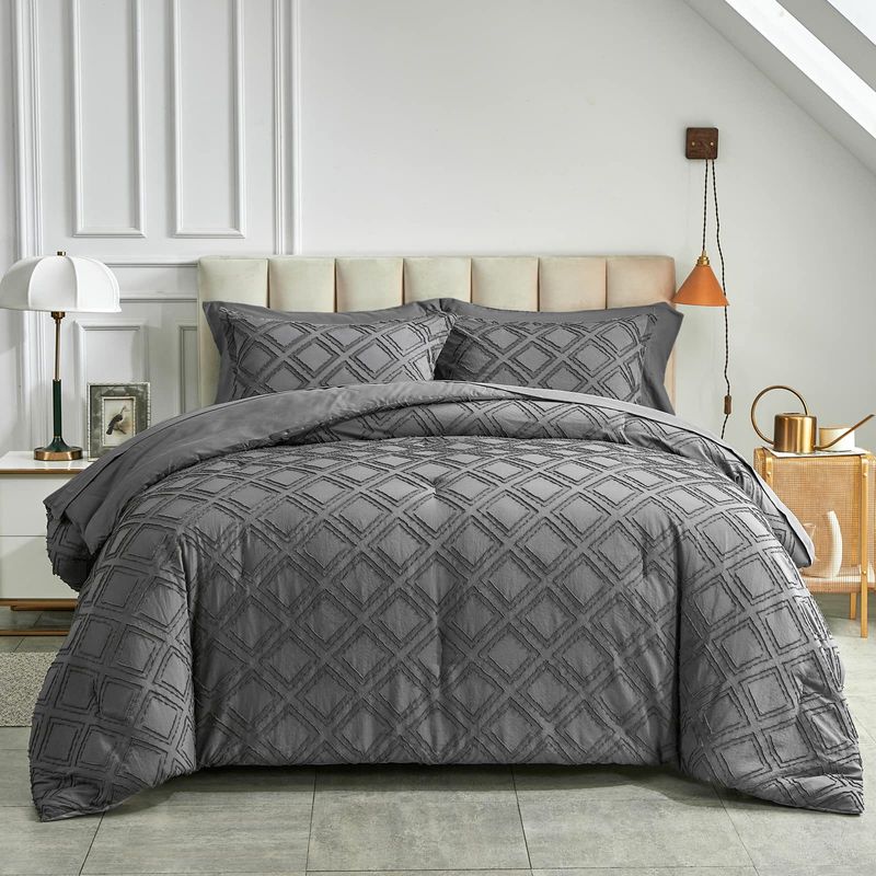 Dark Gray Bohemian Embroidered Tufts Breathable Queen Size Comforter Sets, All-Season Down-Alternative 3-Piece Bedding Set_voghion.com