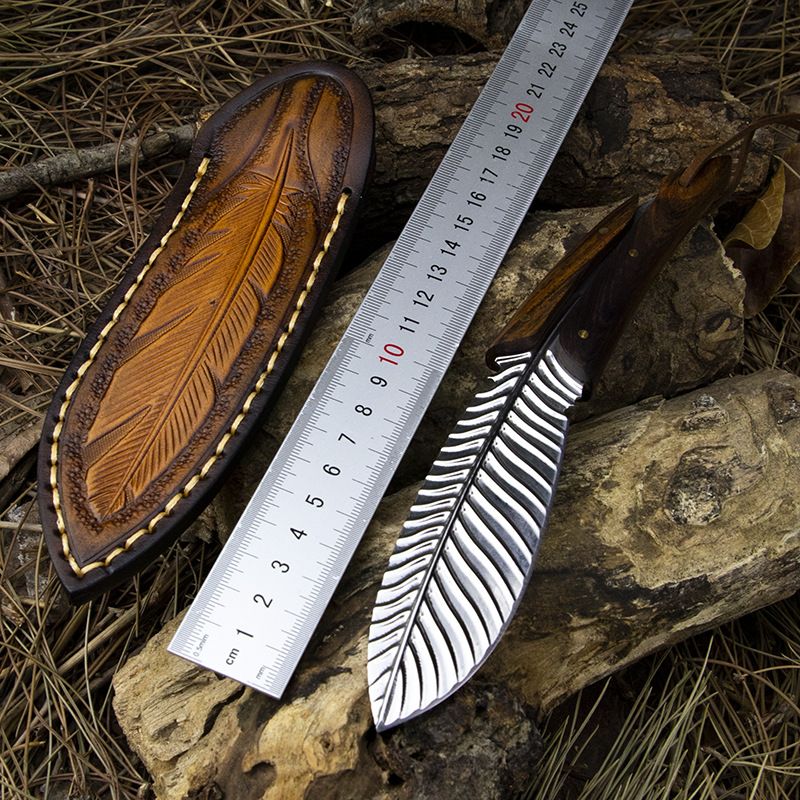 Feather Pattern Outdoor Pocket Self-Defense Survival Sharp Damascus Steel Straight Knife Collectible Tool_voghion.com