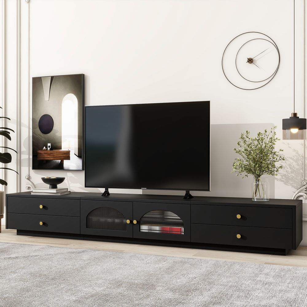 ON-TREND Luxurious TV Stand With Fluted Glass Doors, Elegant And Functional Media Console For TVs Up To 95'', Tempered Glass Shelf TV Cabinet With M_voghion.com