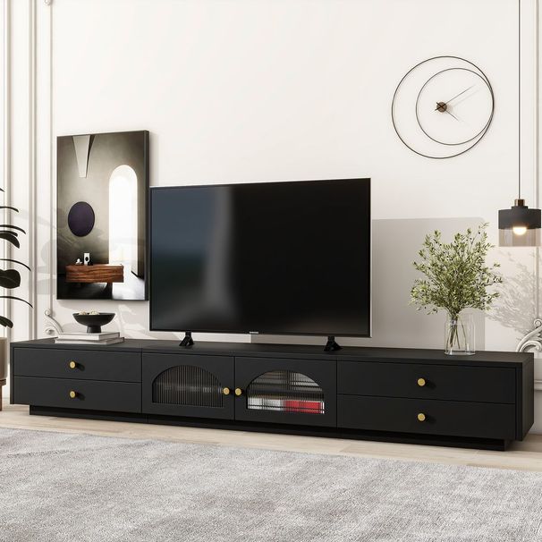 ON-TREND Luxurious TV Stand With Fluted Glass Doors, Elegant And Functional Media Console For TVs Up To 95'', Tempered Glass Shelf TV Cabinet With M_voghion.com