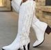 women's cowboy boots, white crocodile pattern tassel boots pointed thick heel knight boots, large size tassel boots women's boots_voghion.com