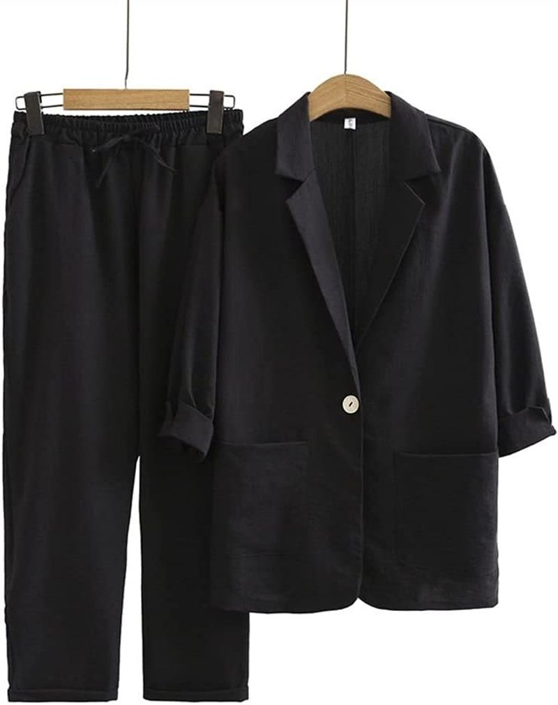 [Cotton Linen] Women's Clothing Suit Jacket Trousers Loose Casual Cotton Linen Suit Jacket Set_voghion.com