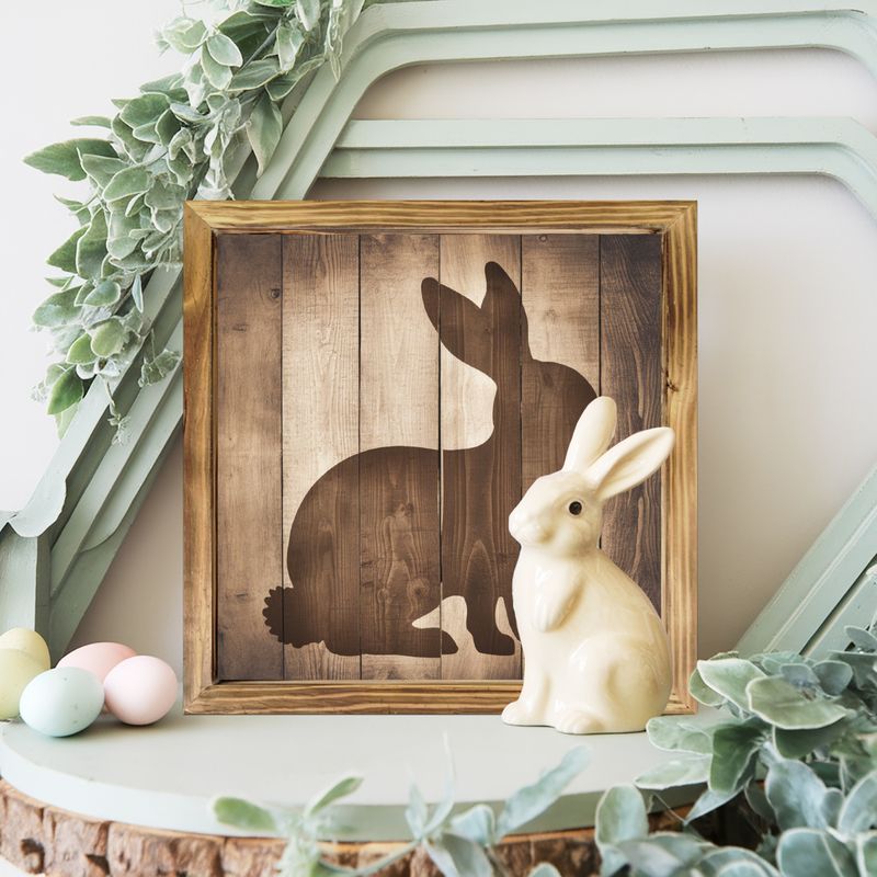 "8x8" Rustic Bunny Silhouette Wood Sign - Farmhouse Wall Art For Kitchen, Bedroom & Office | No Power | Easter/Housewarming Gift_voghion.com